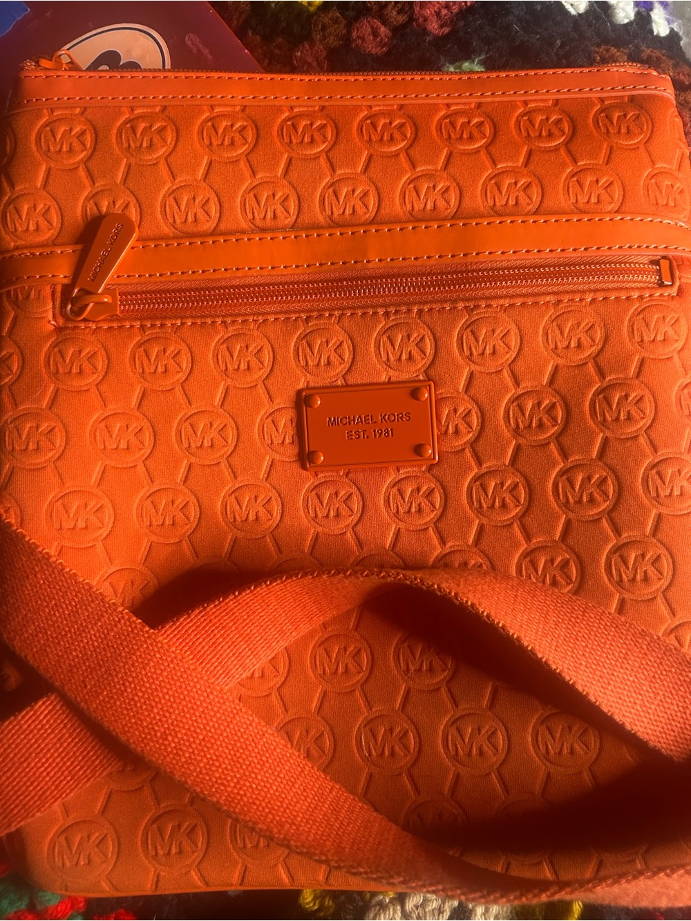 Michael Kors Orange Embossed MK Logo Crossbody - Picture 2 of 10